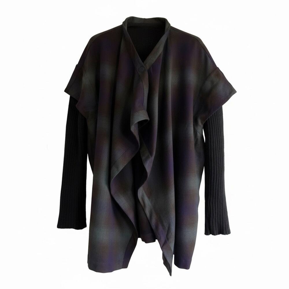 Elizabeth and James Iridescent Plaid Draped Jacket Rib Knit Sleeve Open Front M